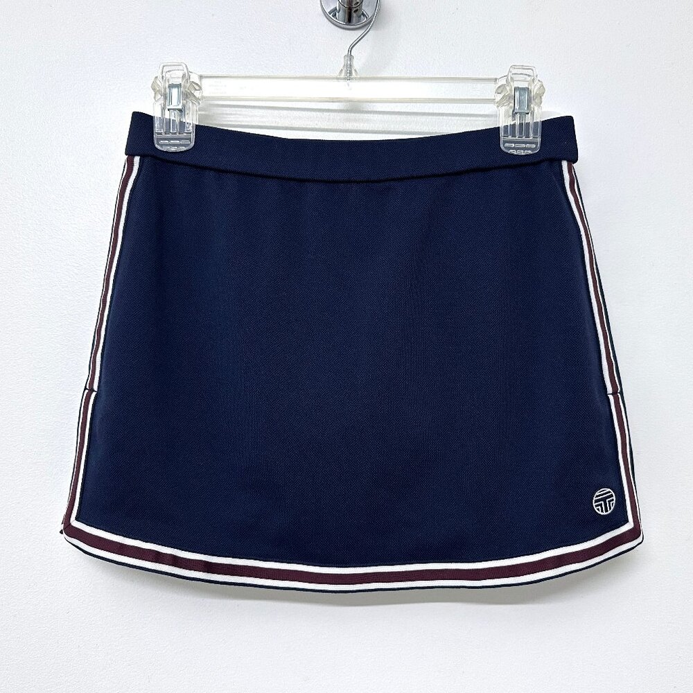 Tory Sport Burch Tech Pique Mini Tennis Skirt Navy Stripe Trim Red Wine Shorts S